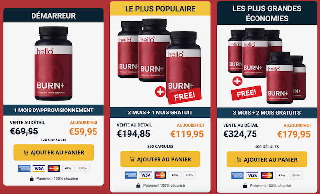 Achetez deux boîtes de Burn+ et recevez une boite gratuite. Achetez 3 boites et recevez 2 boites gratuites.